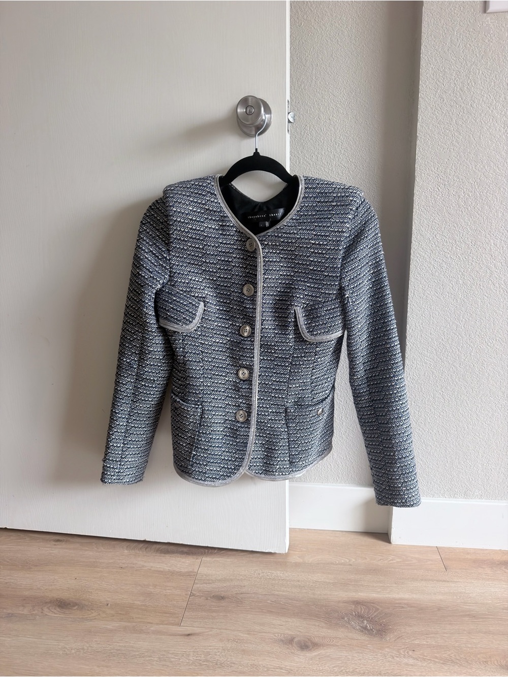 Boutique Tweed Button-Up Jacket in Blue and Gray